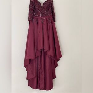 Cabernet, A-line Off the Shoulder Asymmetrical Lace Satin With Sequins